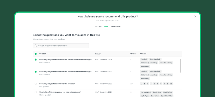 How to add questions to data visualizations using the SurveyMonkey multi-survey analysis feature.