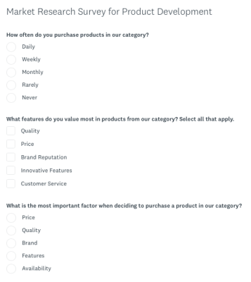 Market research survey, asking "How often do you purchase products in our category?," "What features do you value most in products from our category? Select all that apply.," and "What is the most important factor when deciding to purchase a product in our category?"