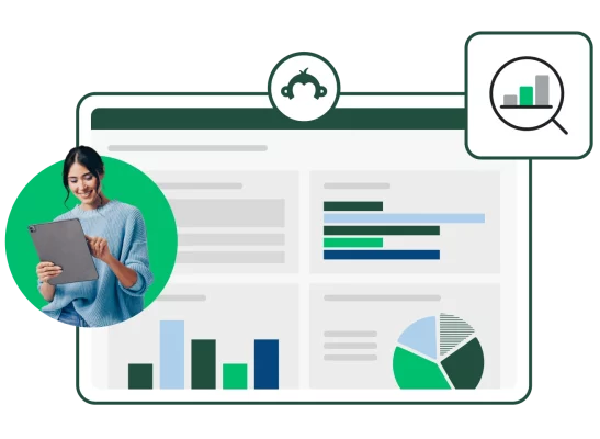 SurveyMonkey 내 차트와 그래프의 스크린샷 옆에서 태블릿으로 작업 중인 여성