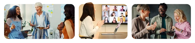 A triptych of three images showing modern workplace scenarios. The first shows two women talking and laughing in an office. The second shows a woman in a video conference call. The third shows a diverse group of three colleagues discussing something on a tablet.