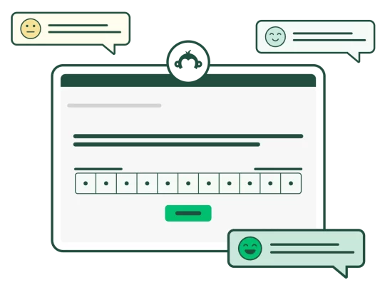 A survey box surrounded by talk bubbles. Each bubble has a different facial expression emoji to indicate levels of satisfaction.