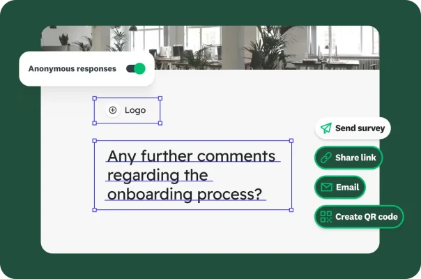 An onboarding survey creation screen with options to send, share, and make responses anonymous.