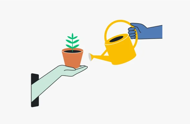 illustrasjon av en hånd som vanner en plante