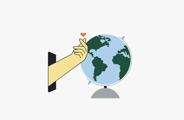 illustrasjon av en hånd som former et hjerte ved siden av en globus.