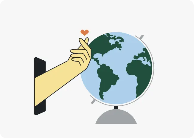 illustratie van een hand die een hart uitbeeldt naast een wereldbol