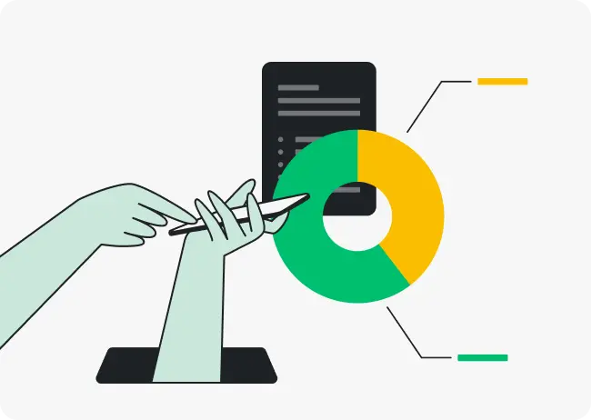 illustratie van een hand met een telefoon en een grafiek als overlay