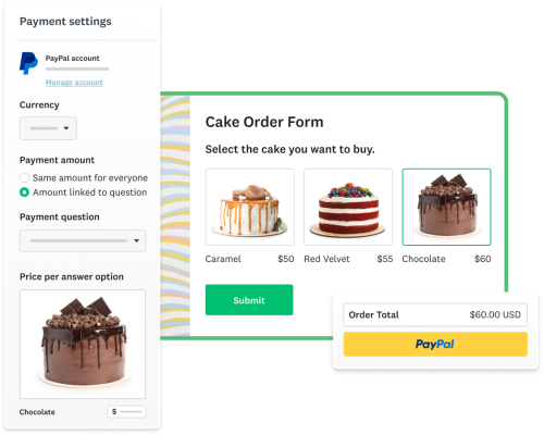 SurveyMonkey cake order form with photos of cake choices and PayPal user interface