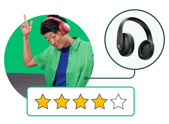 A customer wearing headphones and raising their arm, with an image below showing four out of five stars