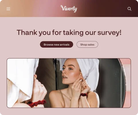 A branded Viverly survey completion page with links to browse new arrivals and shop sales.