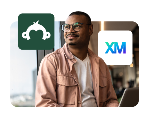 A man looking out a window with the SurveyMonkey and Qualtrics logos floating in the foreground.