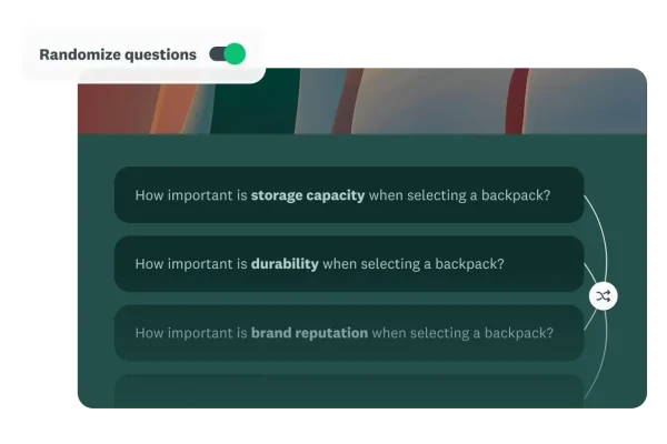 A survey screen showing a toggle to Randomize questions to reduce bias, featuring questions about factors in selecting a backpack (storage, durability, brand reputation).