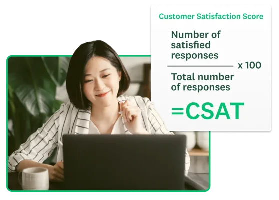 A woman sitting at a desk working on a computer with a screenshot of a CSAT formula floating around her