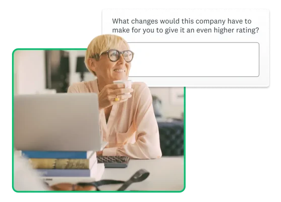A woman sitting at a desk holding a mug and staring to the right with a product screenshot floating around her
