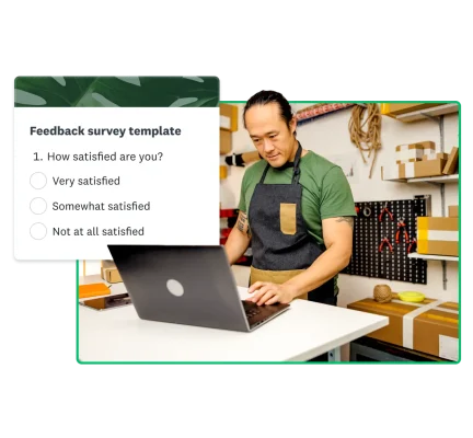 A man on a laptop answering a feedback survey that asks, "How satisfied are you?"