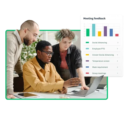 Three people looking at meeting feedback results