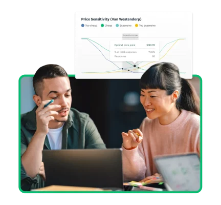 Two people evaluating a price sensitivity graph on a laptop