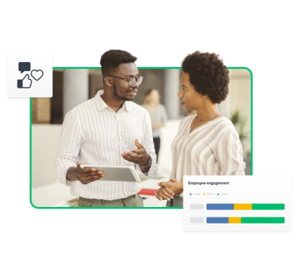 Two people discuss data over a tablet