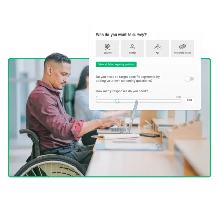 Man in wheelchair working on laptop, next to screenshot of survey setup