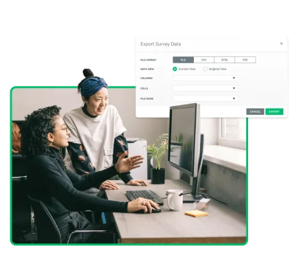 Colleagues exporting survey data to use in a survey analysis report.