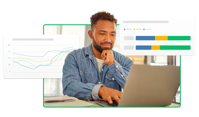 あごに手をやり、満足した表情でノートパソコンの画面を見ている男性の背景に棒グラフと折れ線グラフのスクリーンショット。