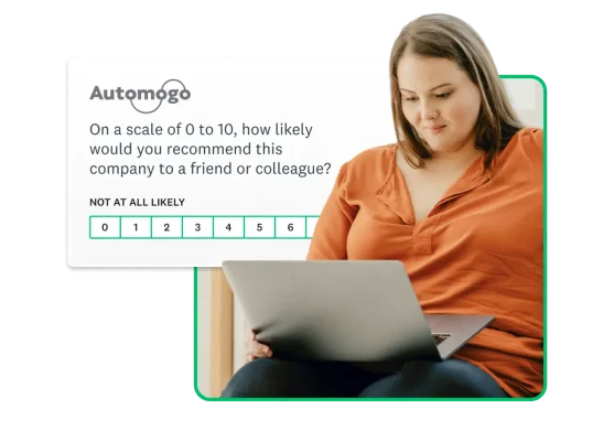 A woman on her computer with a product screenshot of an NPS survey floating around her.