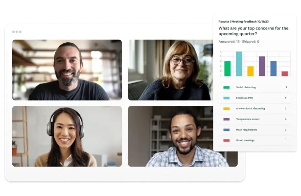 Four employees on a video call, next to a screenshot of a meeting feedback poll