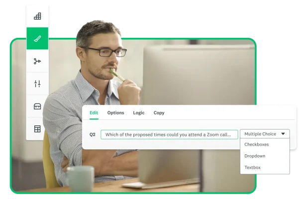 Man looking at computer, next to a screenshot of SurveyMonkey's survey question editor
