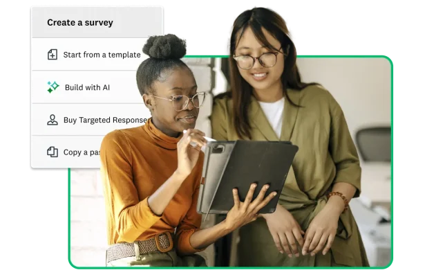 Two women creating a survey on a tablet, next to a screenshot of SurveyMonkey’s create a survey options (start from a template, build with AI, buy targeted responses)