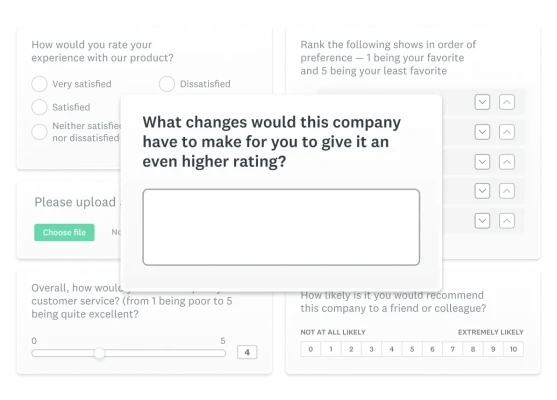 Product screenshots showing different survey question types.
