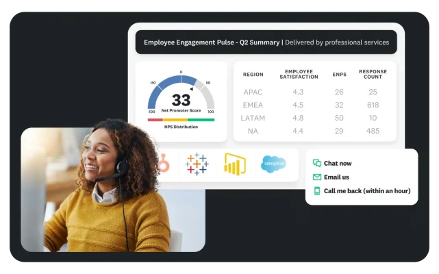 Woman wearing headset looking at computer, next to results for employee engagement pulse Q2 summary, with NPS of 33