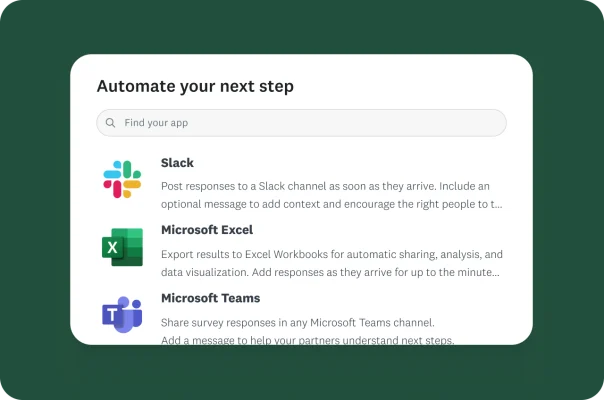 A menu showing options to automate survey responses to Slack, Microsoft Excel, and Microsoft Teams.