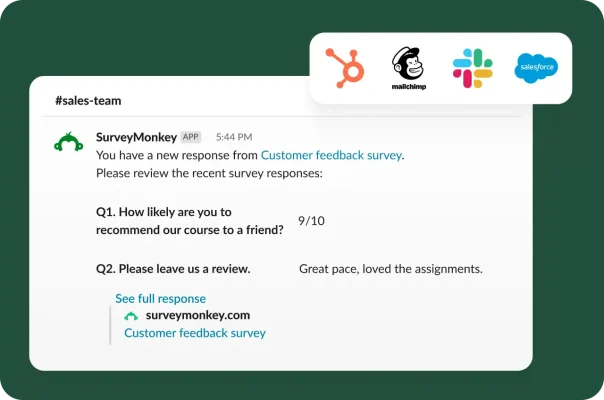 A Slack notification showing a new customer survey response and a recommendation score, with integration logos.