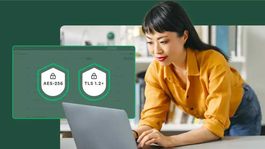 A woman is working on a laptop. Overlaid are two security badges, one for AES-256 and another for TLS 1.2+, highlighting strong encryption and data protection