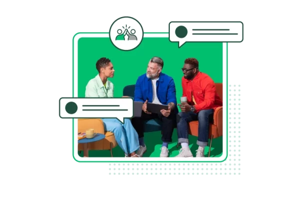 Group of two men and one woman talking in a huddle