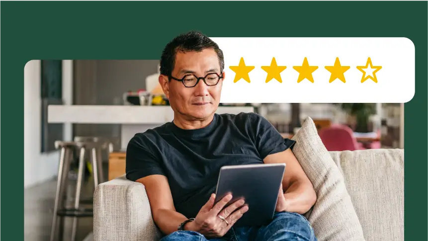 A photo of a man sitting on a couch, looking at a tablet. Above him is a five-star rating graphic with four full stars and one empty star.