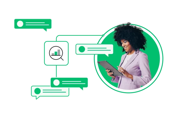 An image showing a woman looking at a tablet and graphs representing questions from survey email templates