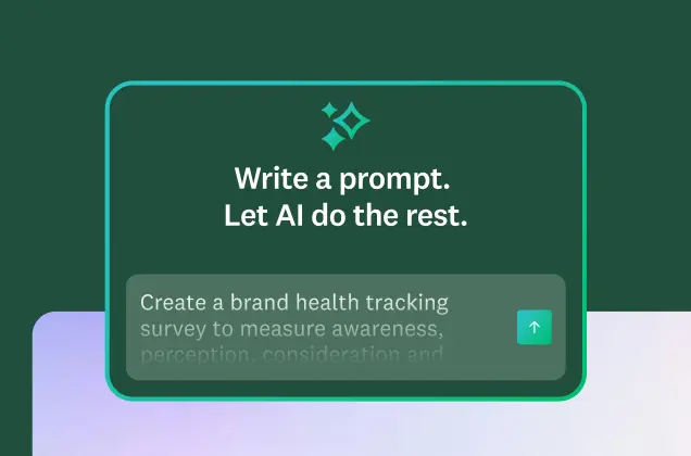 A green box with the title "Write a prompt. Let AI do the rest." The example prompt reads, "Create a brand health tracking survey to measure awareness, perception, consideration and..."