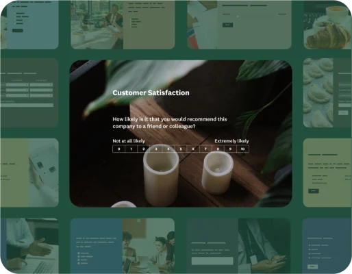 A grid of images with a close-up of a customer satisfaction survey using an NPS scale.