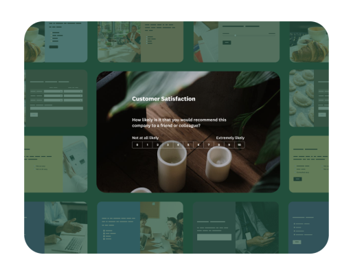 A grid of images with a close-up of a customer satisfaction survey using an NPS scale.