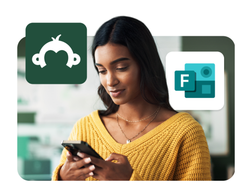 A woman using her phone with the SurveyMonkey and Microsoft Forms logos floating in the foreground.