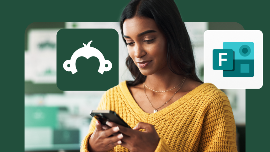 A woman using her phone with the SurveyMonkey and Microsoft Forms logos floating in the foreground.