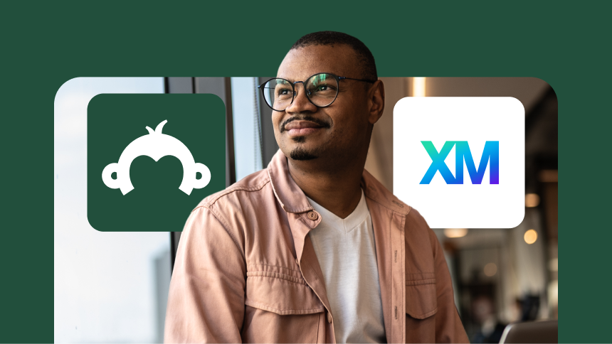 A man looking out a window with the SurveyMonkey and Qualtrics logos floating in the foreground.