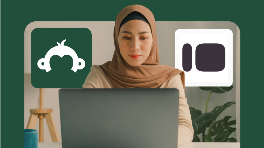 A woman working on her laptop with the SurveyMonkey and Typeform logos floating in the foreground.