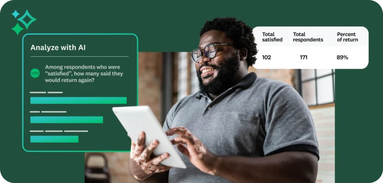 A man smiling and holding a tablet, with a graphic overlay showing AI analysis and instant answers for survey data.