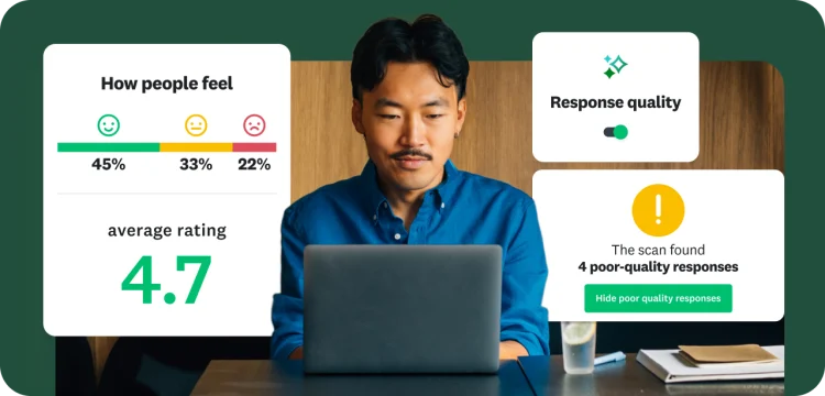 A man looking at his laptop with an overlay showing sentiment analysis, an average rating score, and a response quality check.