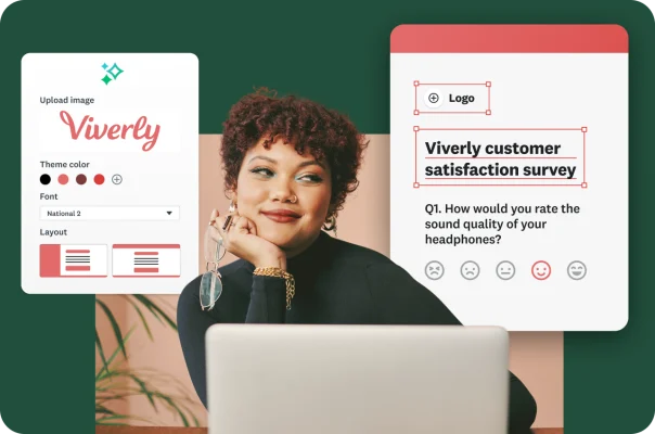 A woman smiling and looking at her laptop with overlays showing survey style options like uploading a logo, selecting a theme color, and editing a Viverly customer satisfaction survey.