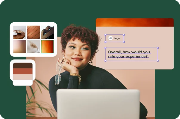 A woman smiling while editing a survey design on her laptop, featuring custom colors, image, and style palettes.