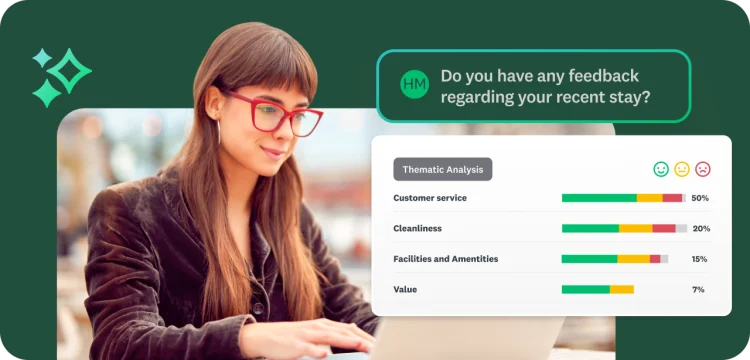 A woman working on a laptop with an overlay showing a thematic analysis of customer feedback on her recent stay.