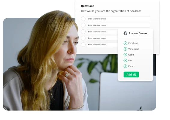 A woman working on a laptop with a survey question about the organization of Gen Con and Answer Genius options.
