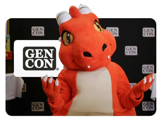 Gen Con dragon mascot with the Gen Con logo against a logo backdrop.
